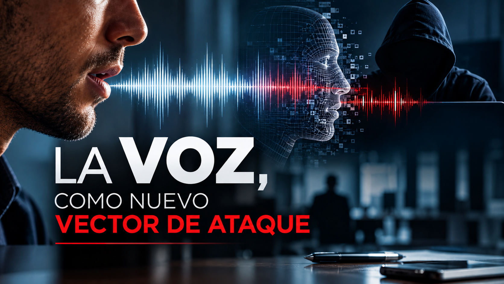 Una voz humana se transforma en una onda sonora que pasa por un rostro digital hasta llegar a un atacante encapuchado